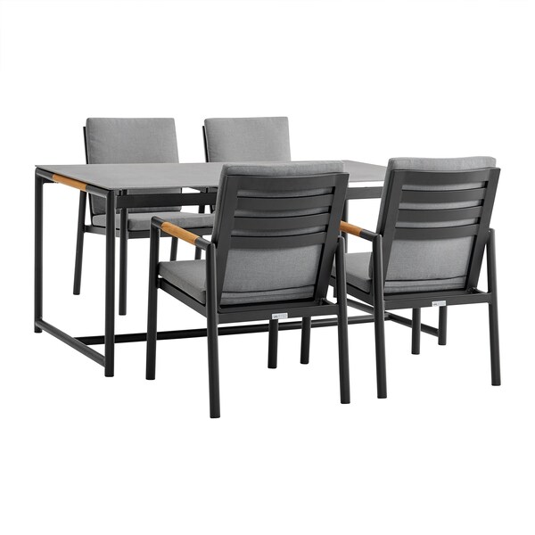Armen Living Royal 5 Piece Black Aluminum and Teak Outdoor Dining Set with Dark Gray Fabric 840254332836 - main